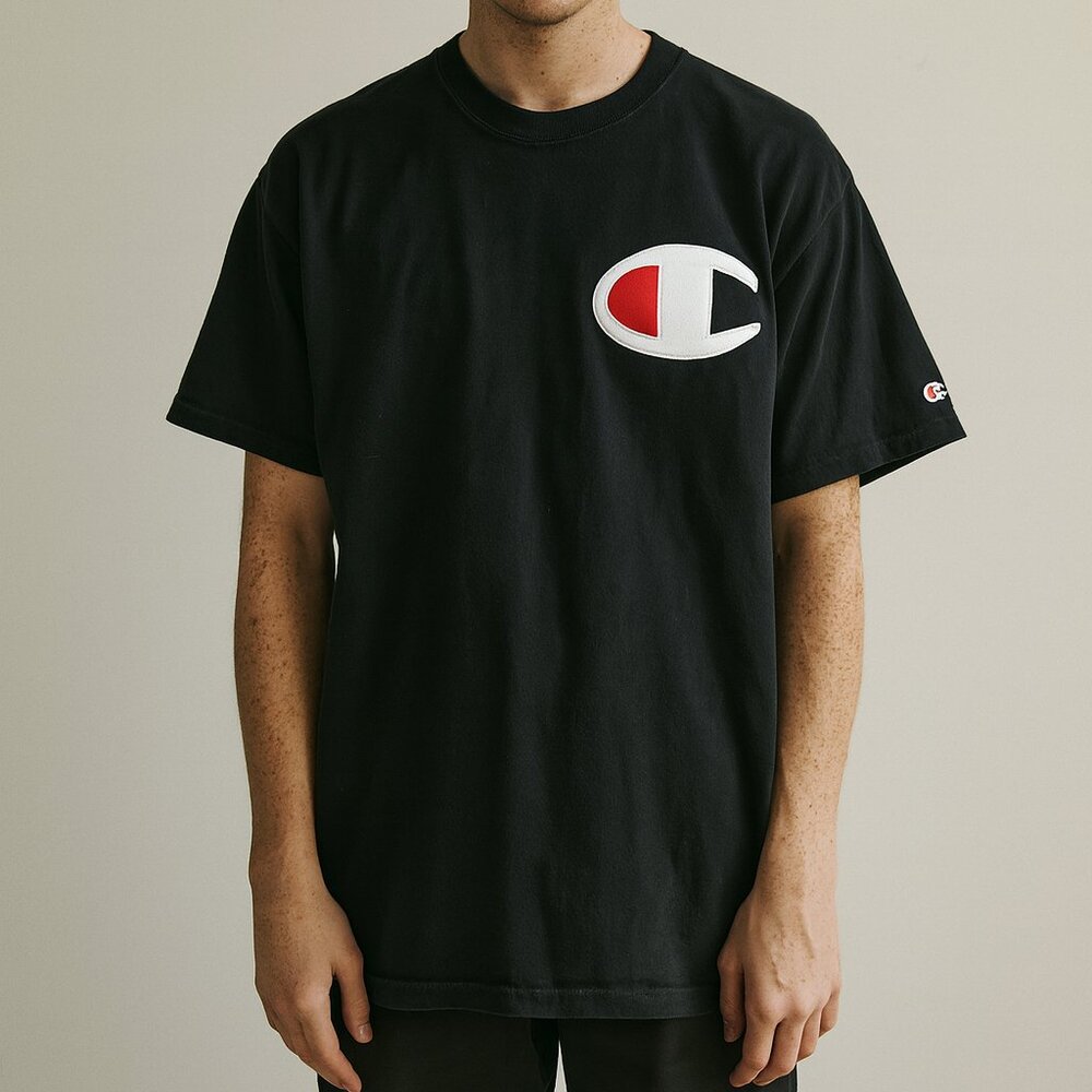 Vintage Champion blue tag logo tee black shirt 70s Oversized Logo Size XXL